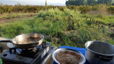 Banana pancakes for breakfast with view on the vineyard