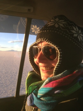 In jeep on the cold salt flats