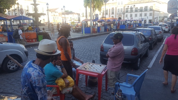 Locals playing games in the streets of Pelourinho
